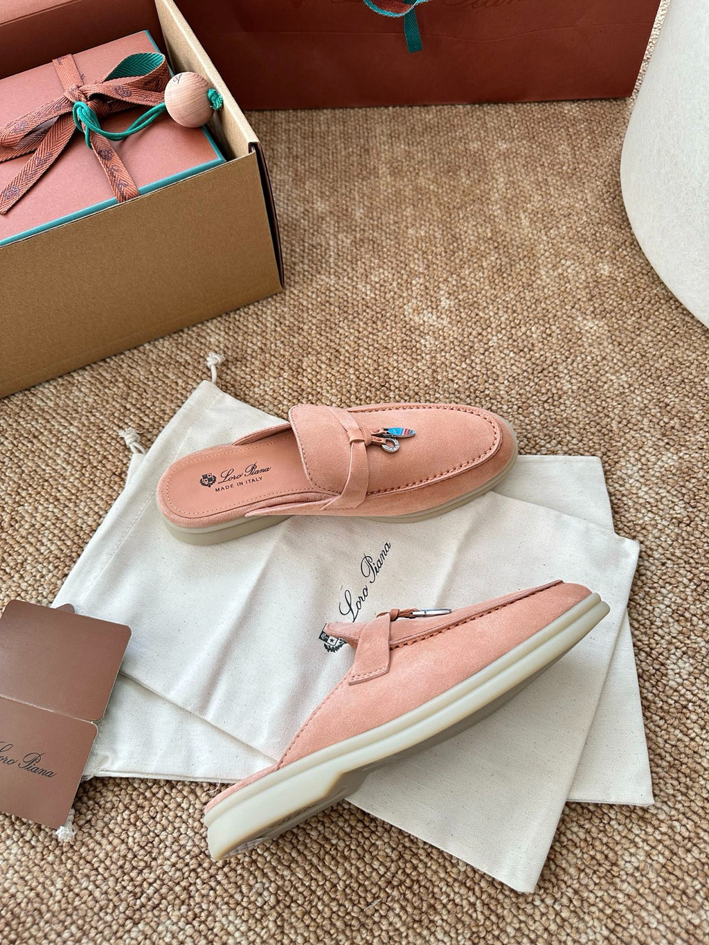 Loro Piana Summer Charms Walk Suede Mules - Peach Pink