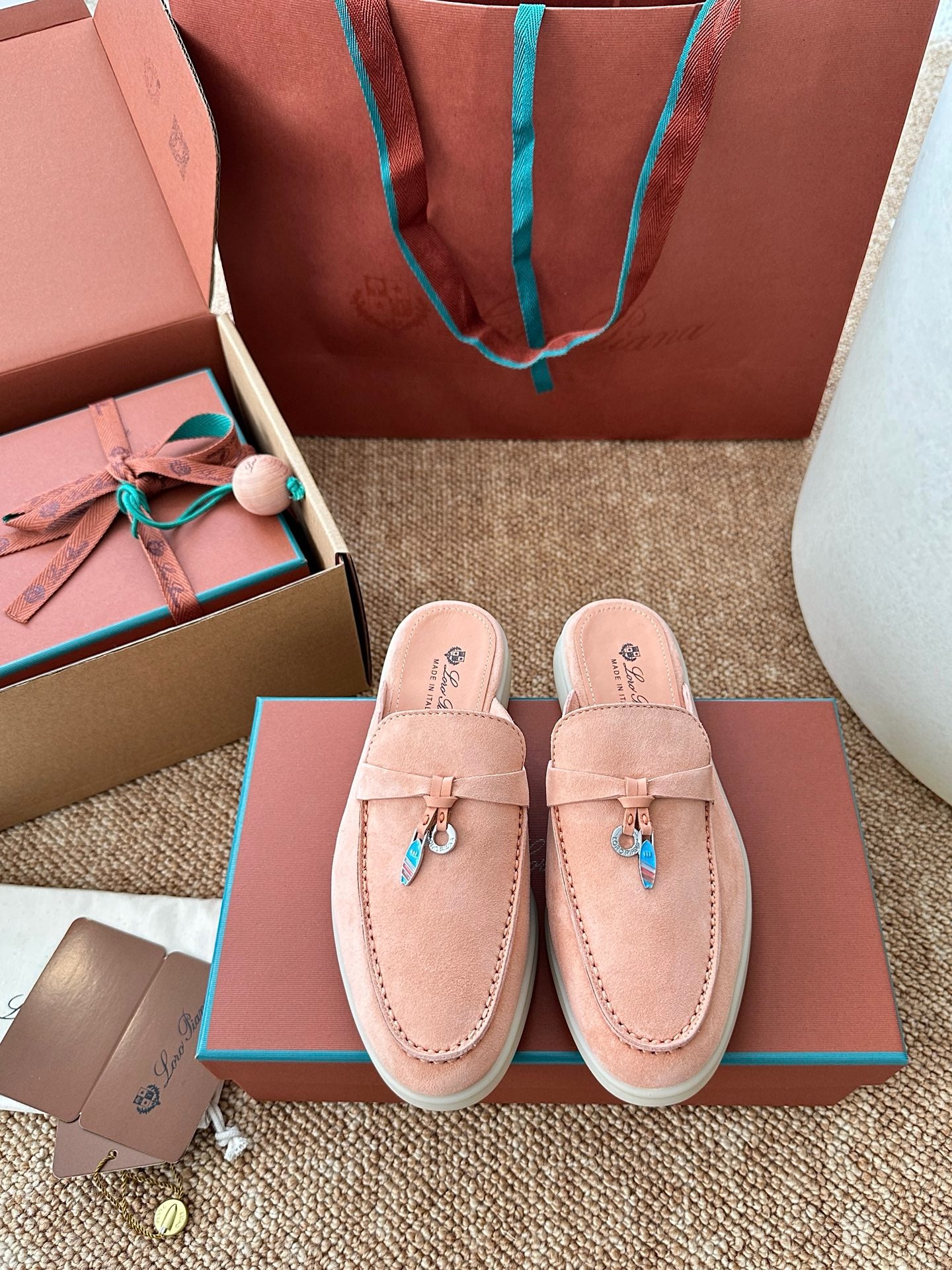 Loro Piana Summer Charms Walk Suede Mules - Peach Pink