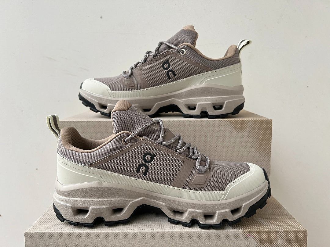 On Cloudrock Low Waterproof Hiking Shoes in Taupe / Cream