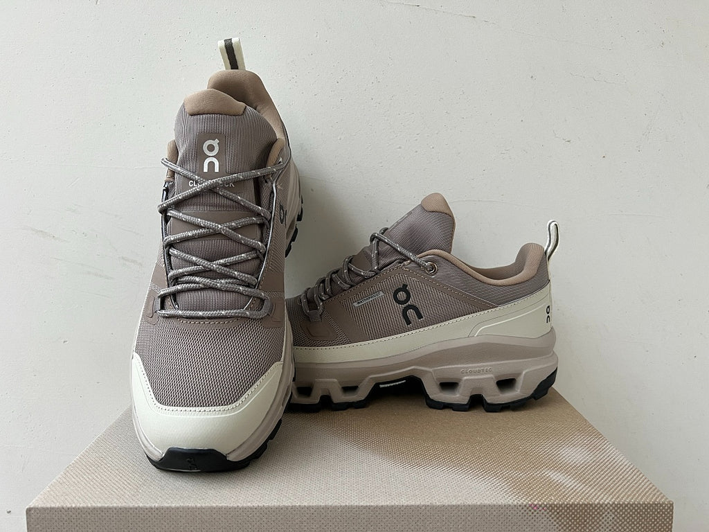 On Cloudrock Low Waterproof Hiking Shoes in Taupe / Cream