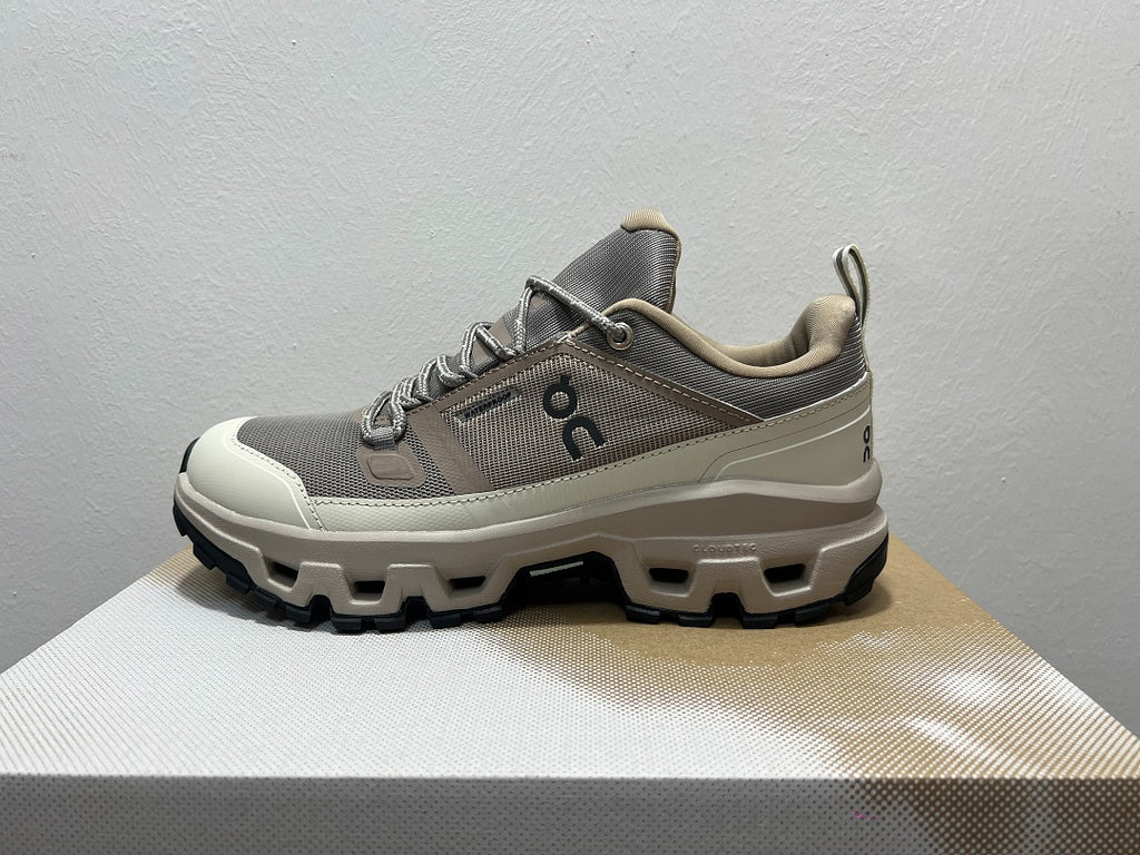 On Cloudrock Low Waterproof Hiking Shoes in Taupe / Cream