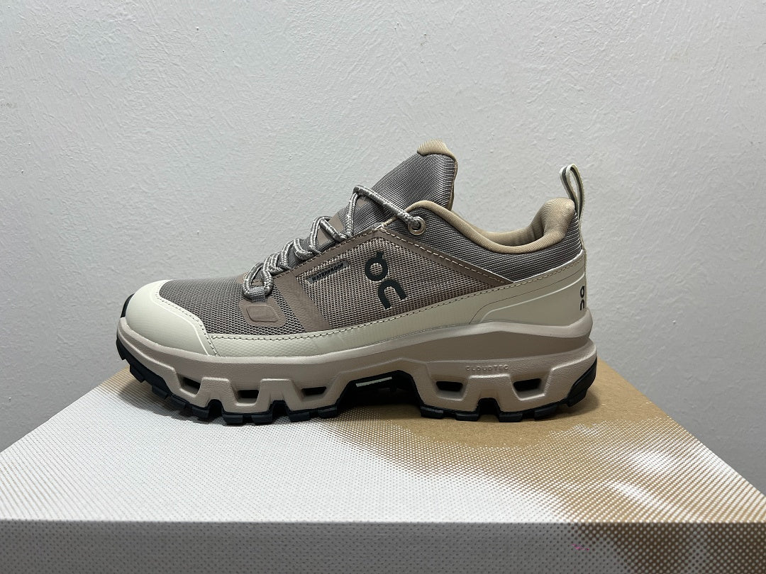 On Cloudrock Low Waterproof Hiking Shoes in Taupe / Cream