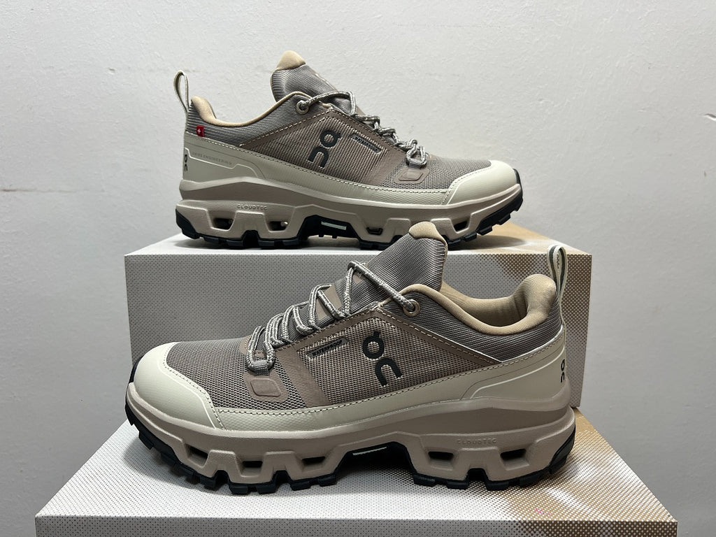 On Cloudrock Low Waterproof Hiking Shoes in Taupe / Cream