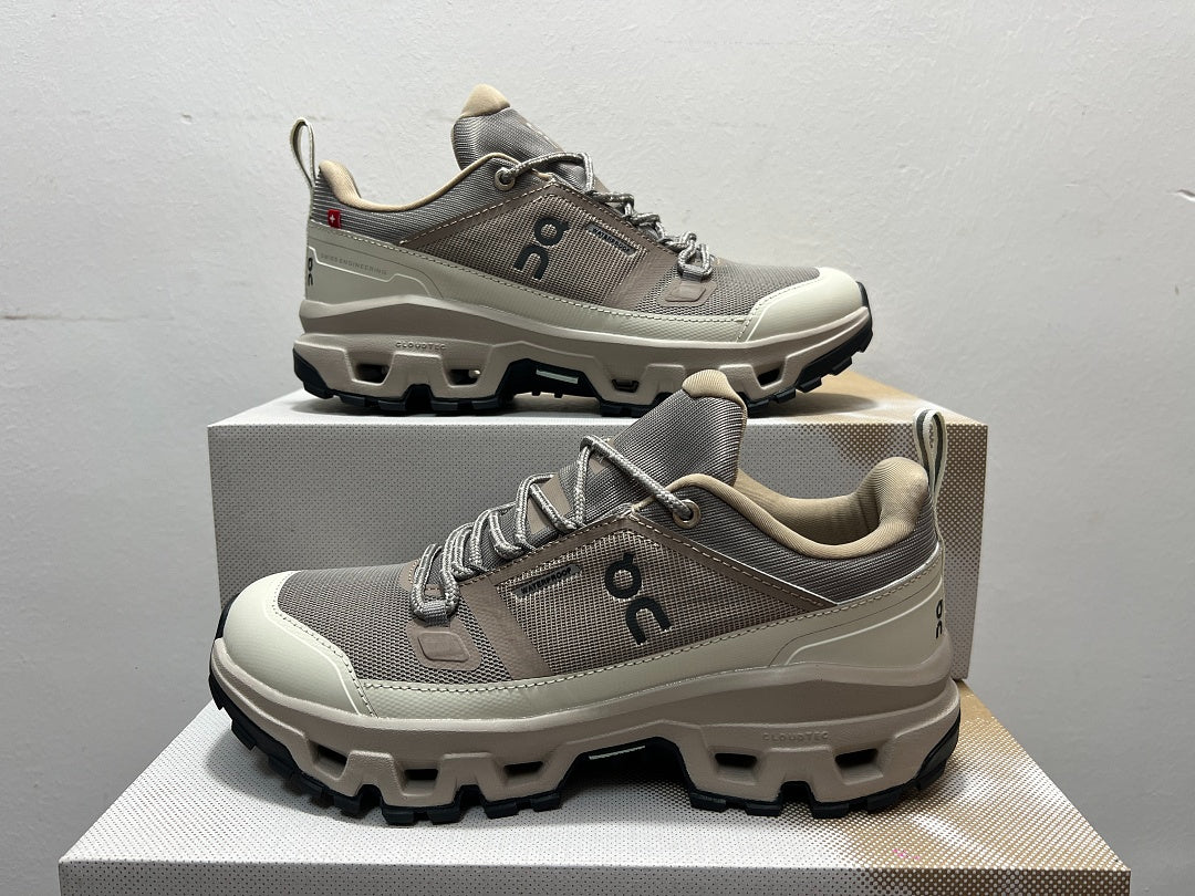 On Cloudrock Low Waterproof Hiking Shoes in Taupe / Cream