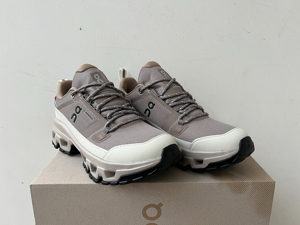On Cloudrock Low Waterproof Hiking Shoes in Taupe / Cream