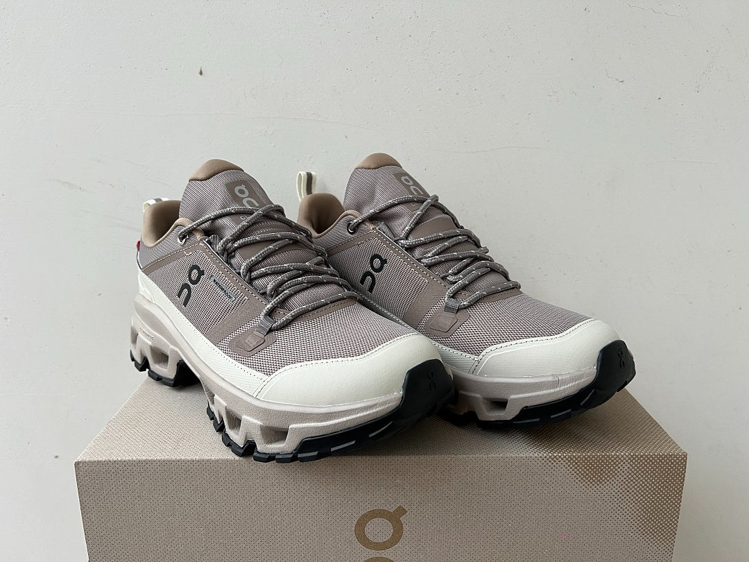 On Cloudrock Low Waterproof Hiking Shoes in Taupe / Cream