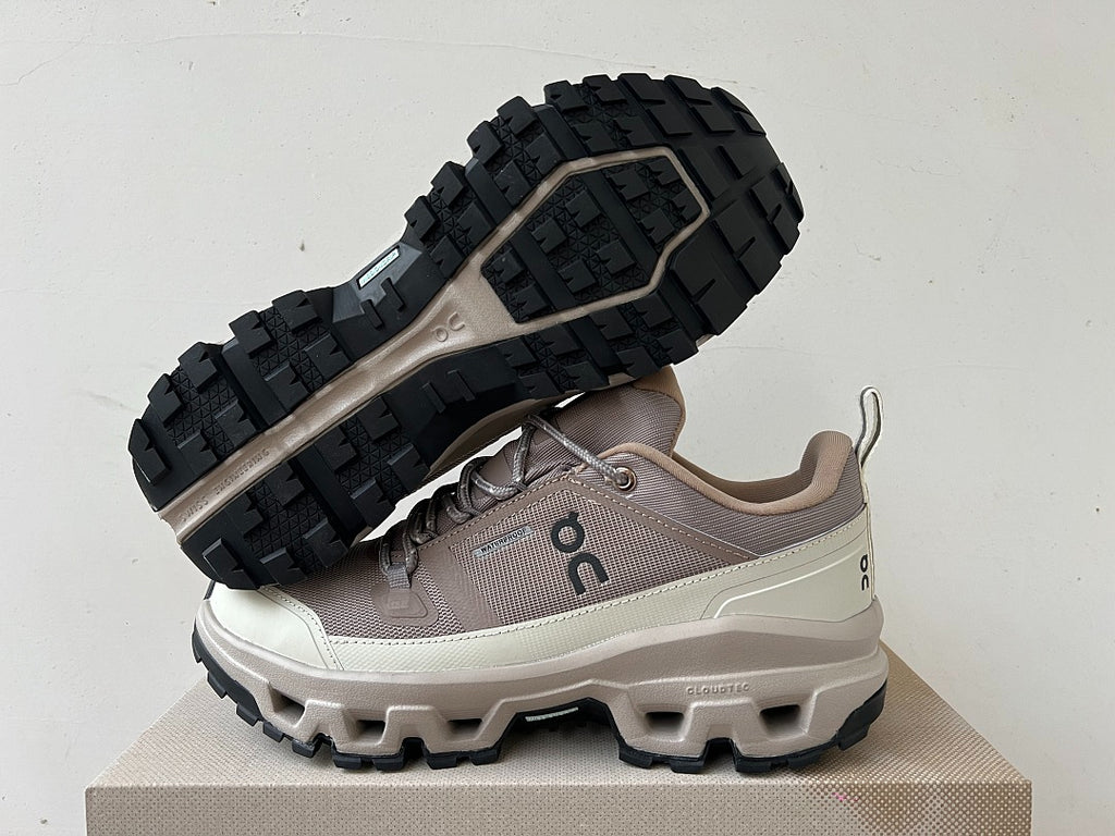 On Cloudrock Low Waterproof Hiking Shoes in Taupe / Cream