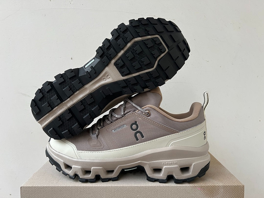 On Cloudrock Low Waterproof Hiking Shoes in Taupe / Cream