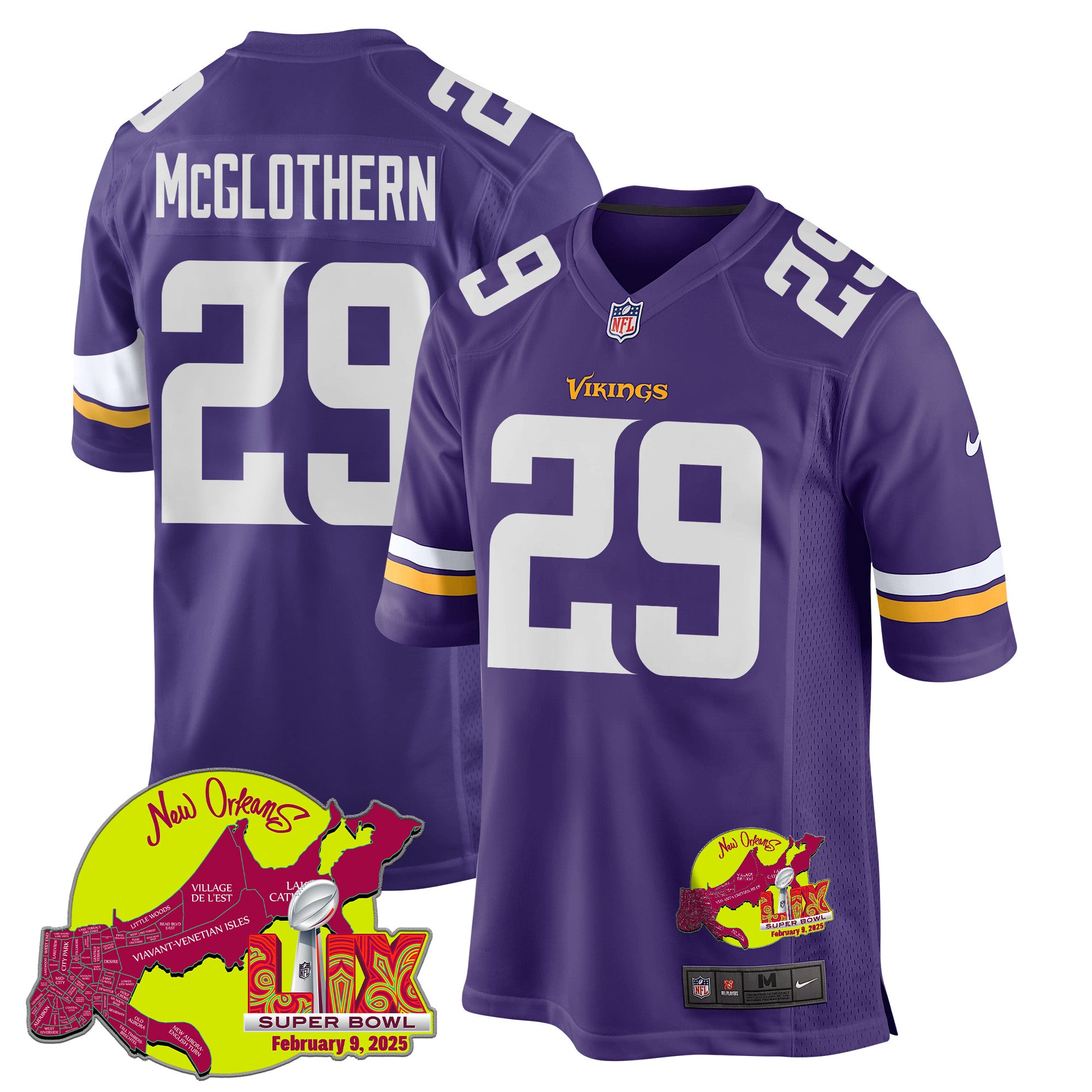 Dwight McGlothern 29 Minnesota Vikings Super Bowl LIX New Orleans Patch Game Jersey – Purple JS1489