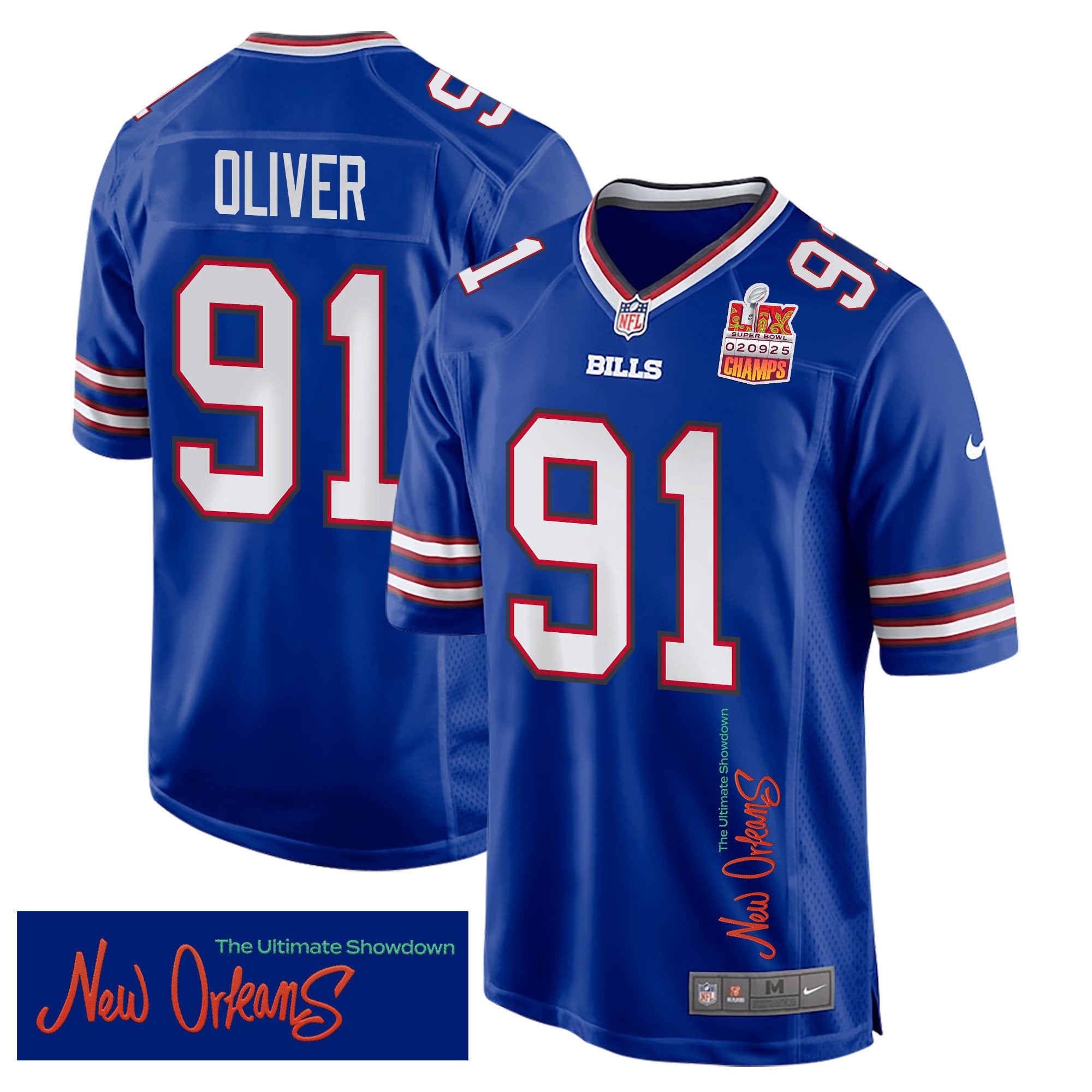 Ed Oliver 91 Buffalo Bills Super Bowl LIX Champions Patch 'New Orleans – The Ultimate Showdown' EMBROIDERED Game Jersey – Royal JS82