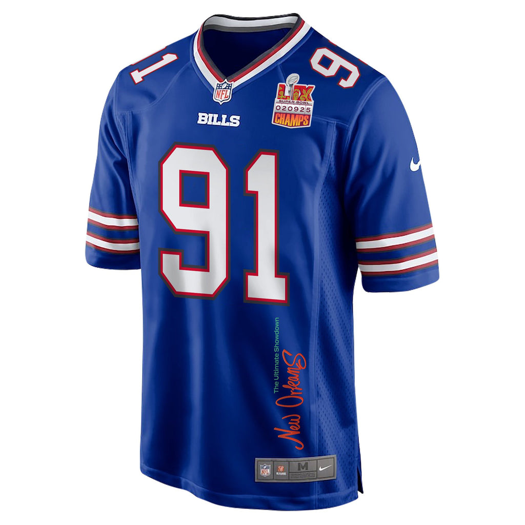 Ed Oliver 91 Buffalo Bills Super Bowl LIX Champions Patch 'New Orleans – The Ultimate Showdown' EMBROIDERED Game Jersey – Royal JS82