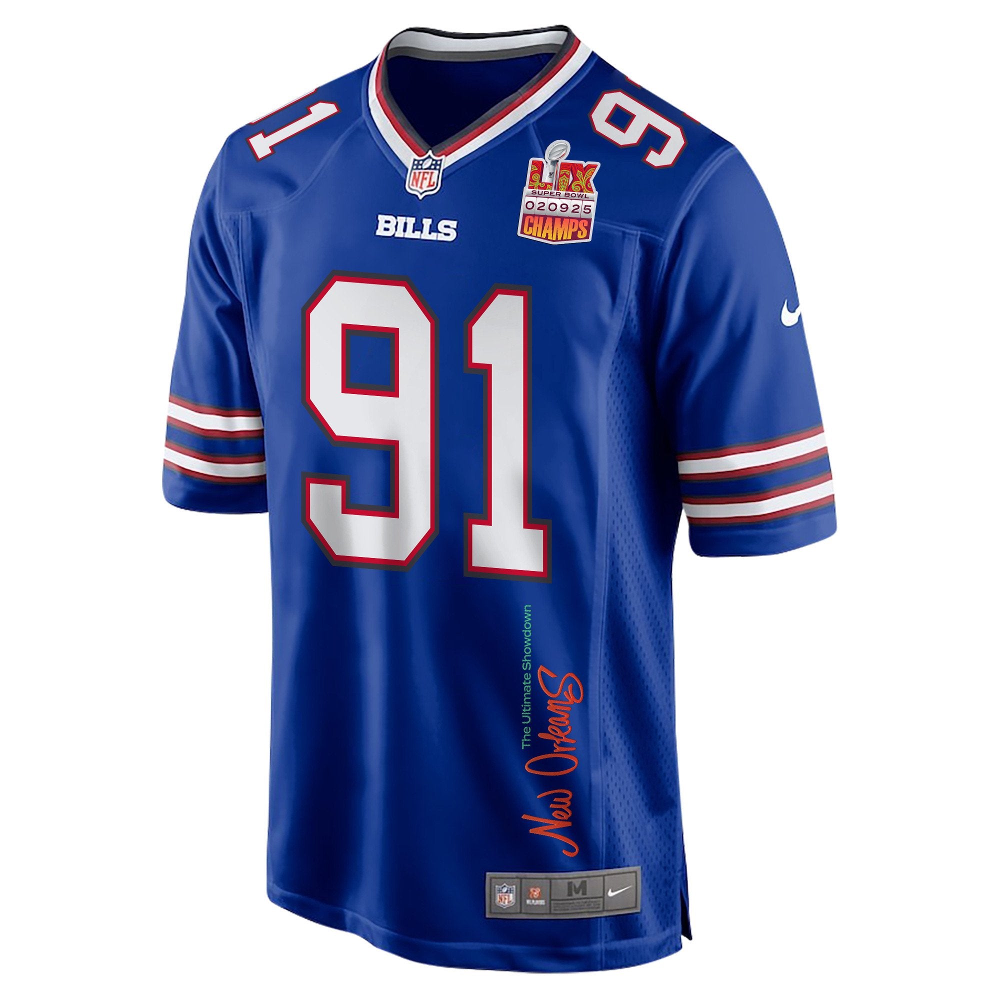 Ed Oliver 91 Buffalo Bills Super Bowl LIX Champions Patch 'New Orleans – The Ultimate Showdown' EMBROIDERED Game Jersey – Royal JS82