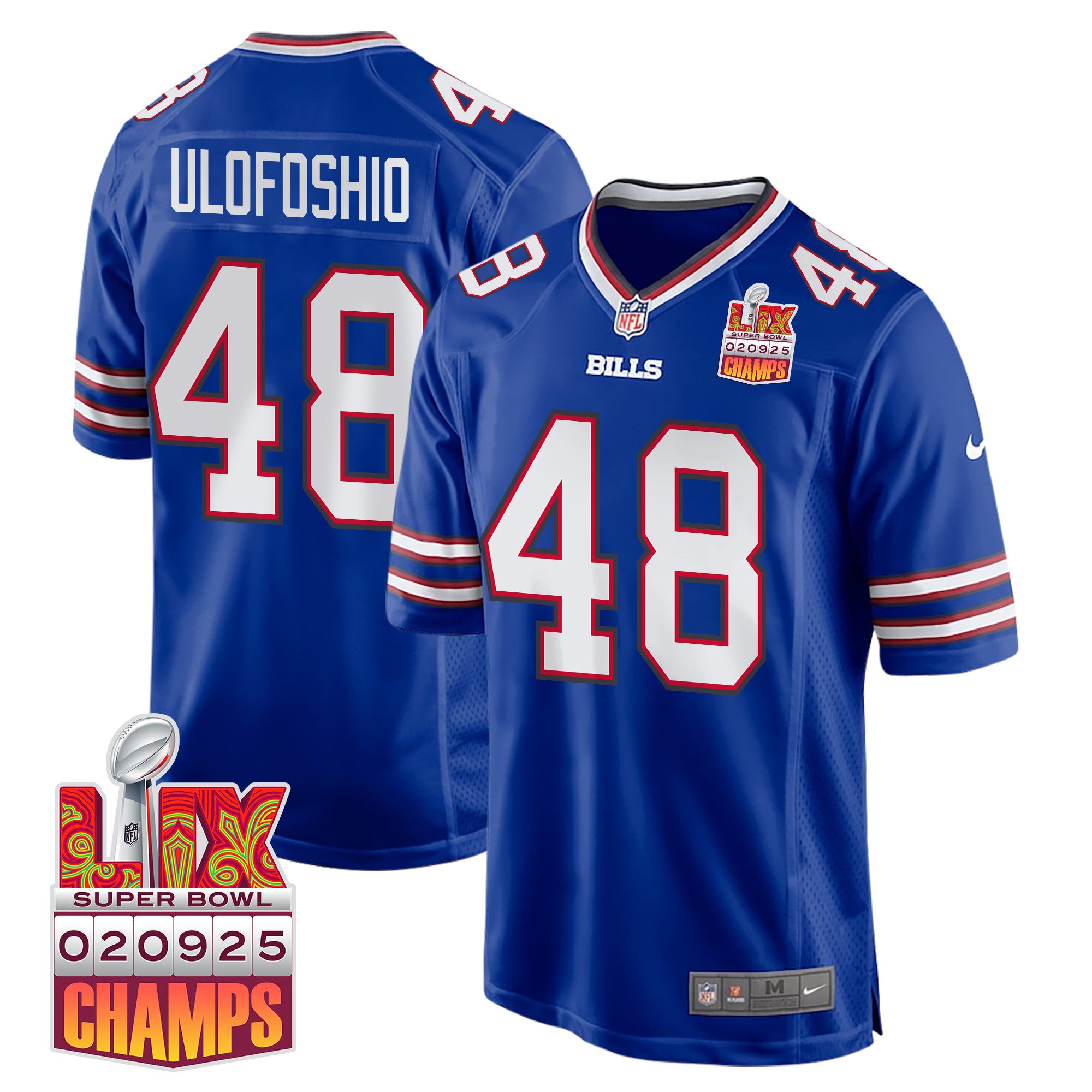 Edefuan Ulofoshio 48 Buffalo Bills Super Bowl LIX Champions Patch Game Jersey – Royal JS3278