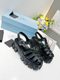 Prada Triangle Logo Woven Roman Sandals, Women Chunky Lug Sole Closed Toe Buckle Strap Platform Sandals