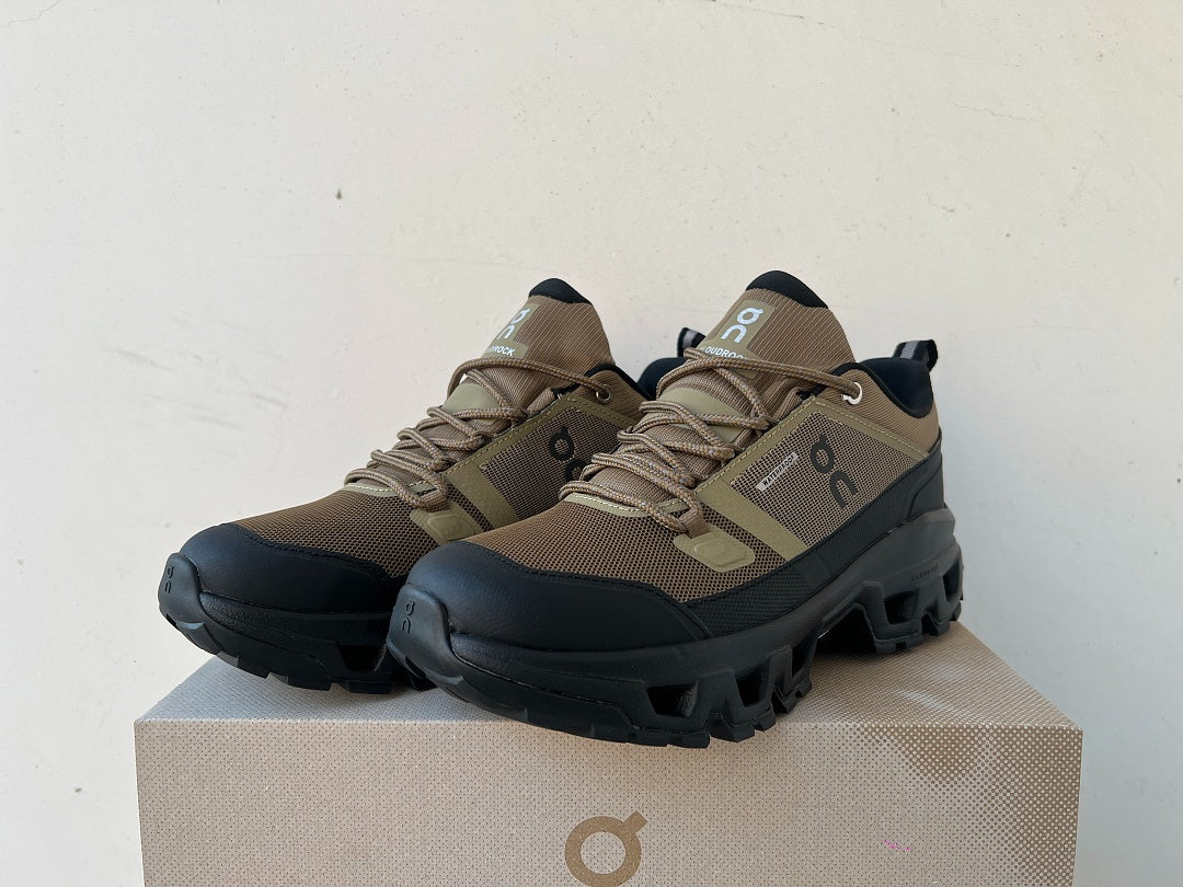 On Cloudrock Low Waterproof Hiking Shoes in Olive / Black