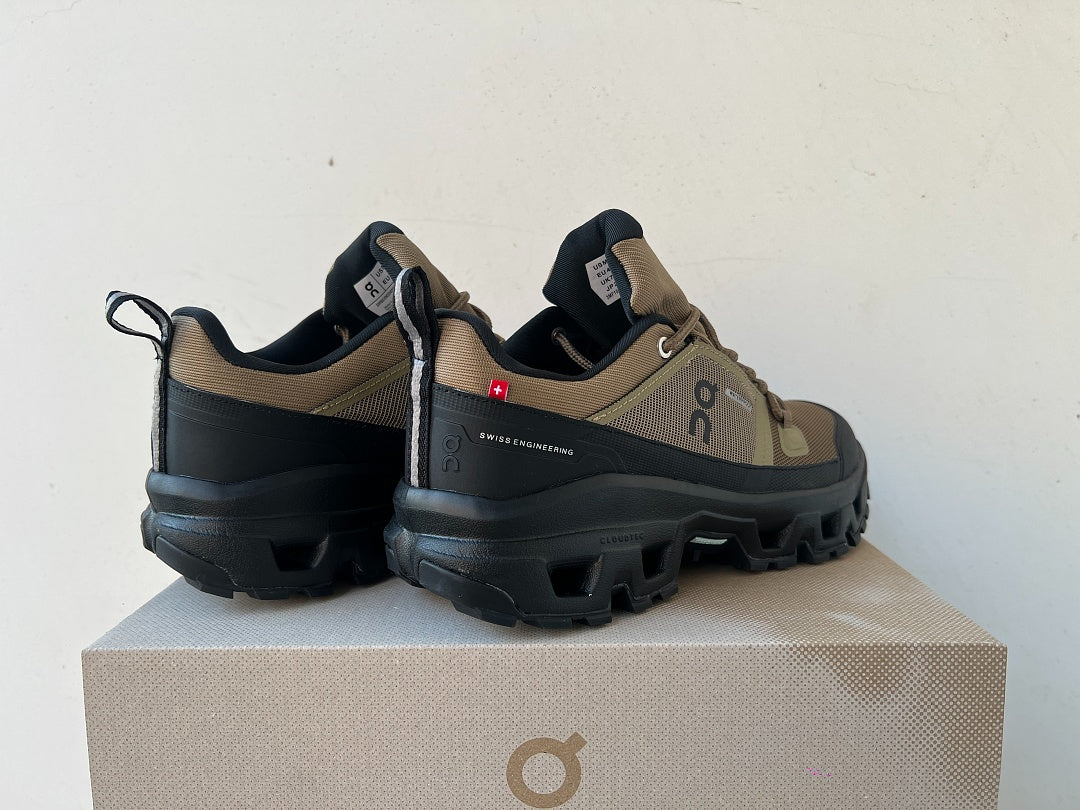 On Cloudrock Low Waterproof Hiking Shoes in Olive / Black