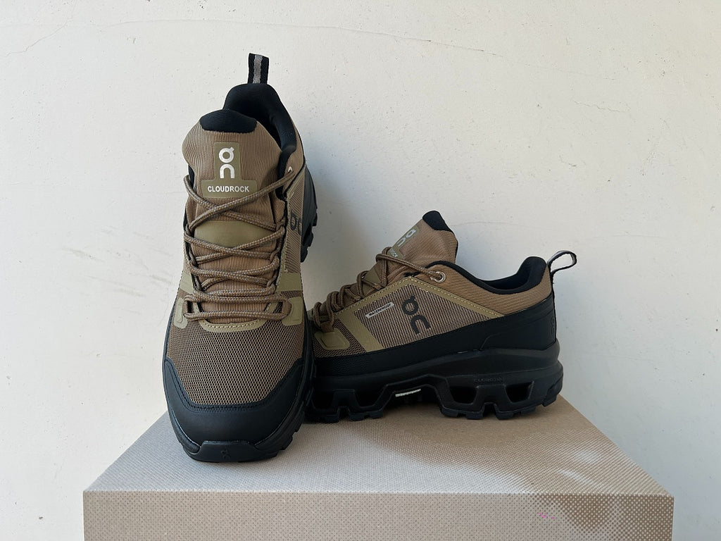 On Cloudrock Low Waterproof Hiking Shoes in Olive / Black