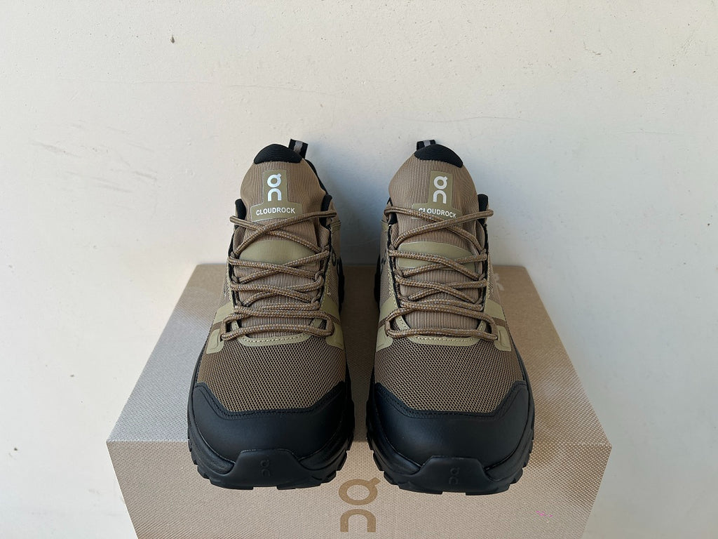 On Cloudrock Low Waterproof Hiking Shoes in Olive / Black