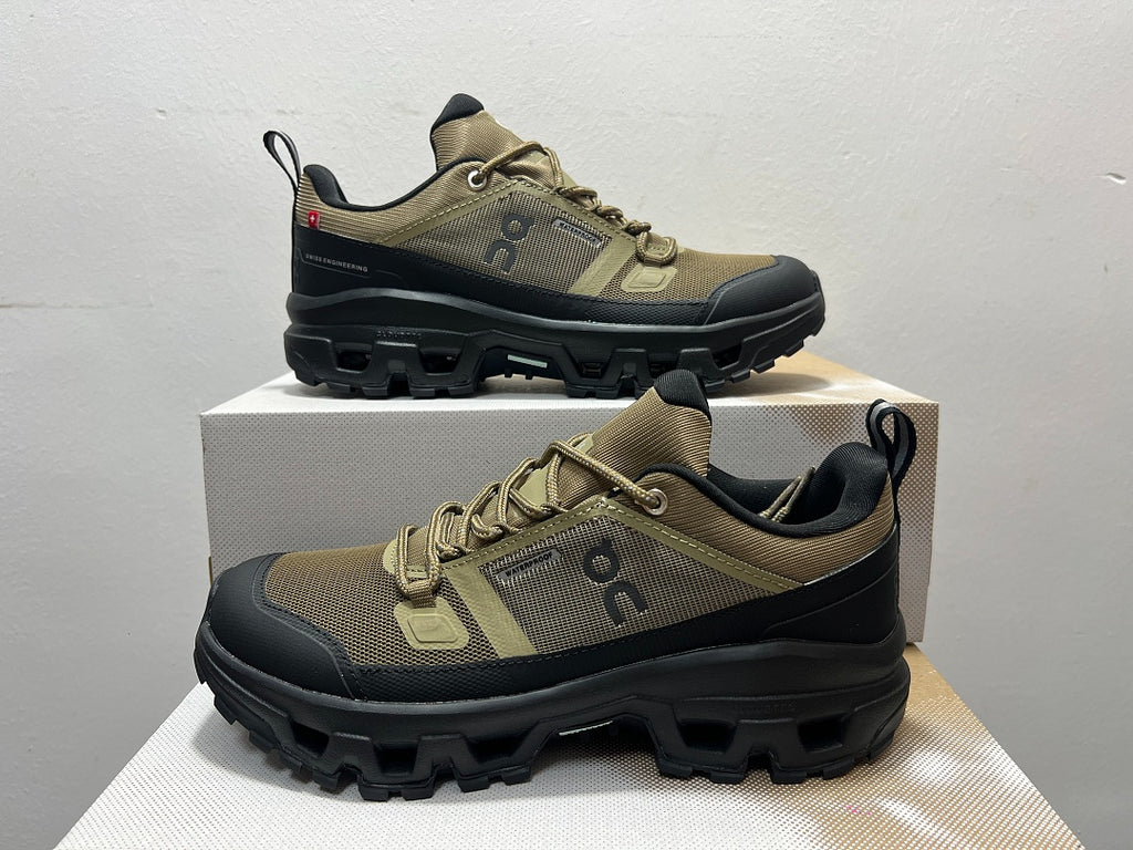 On Cloudrock Low Waterproof Hiking Shoes in Olive / Black