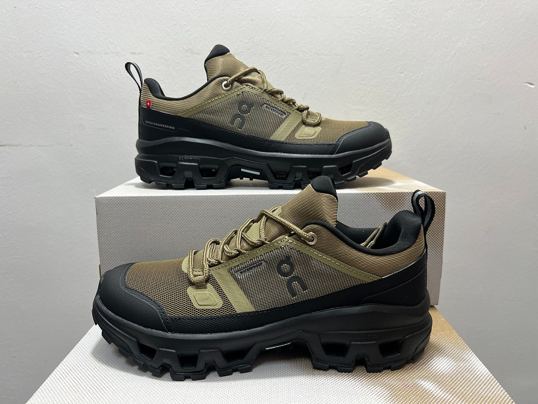 On Cloudrock Low Waterproof Hiking Shoes in Olive / Black