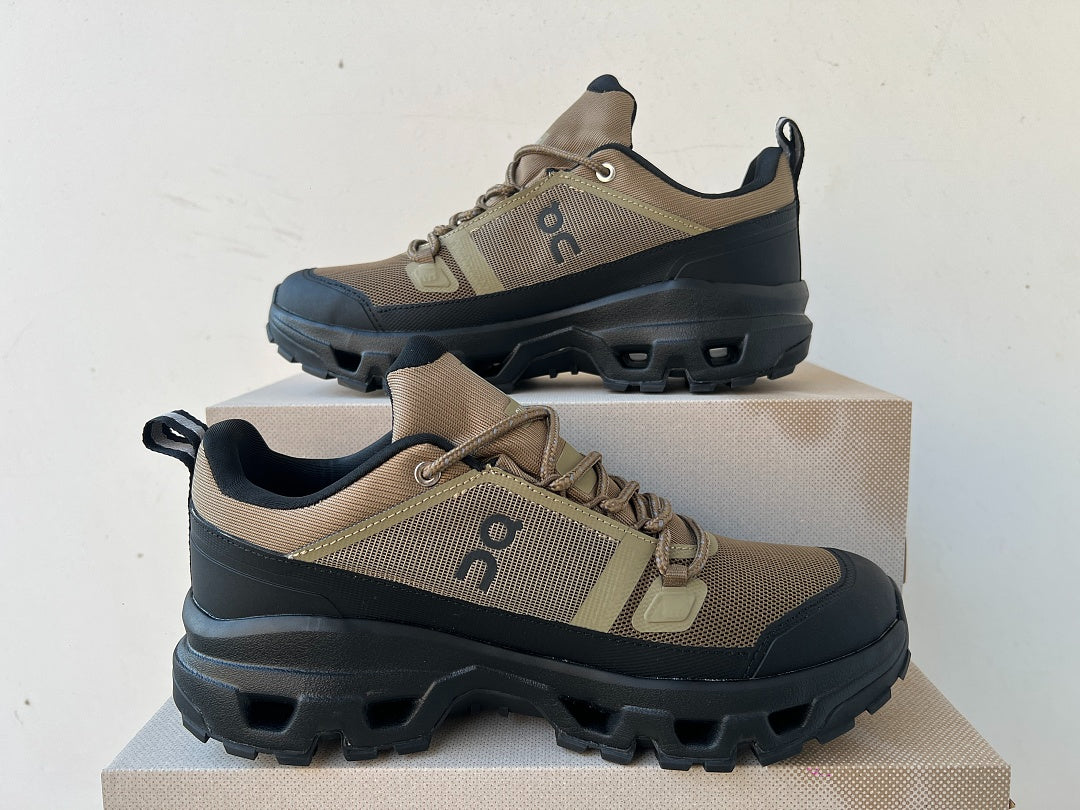 On Cloudrock Low Waterproof Hiking Shoes in Olive / Black