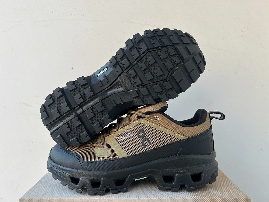 On Cloudrock Low Waterproof Hiking Shoes in Olive / Black