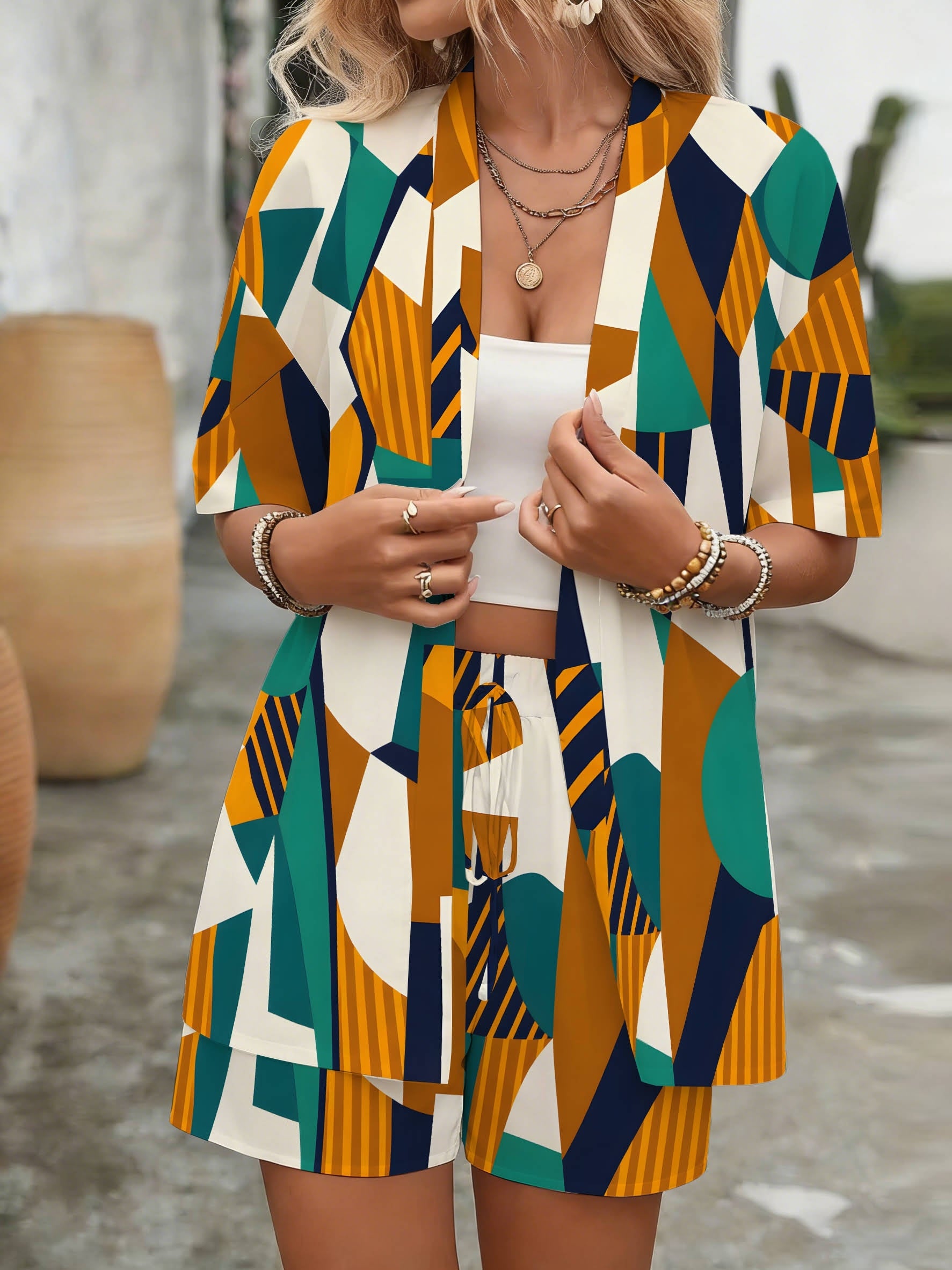 Women'S Abstract Geometric Color Block 2pcs Set | Short Sleeve Open Front Blazer and Drawstring Shorts, Casual Summer Beach Vacation Outfit