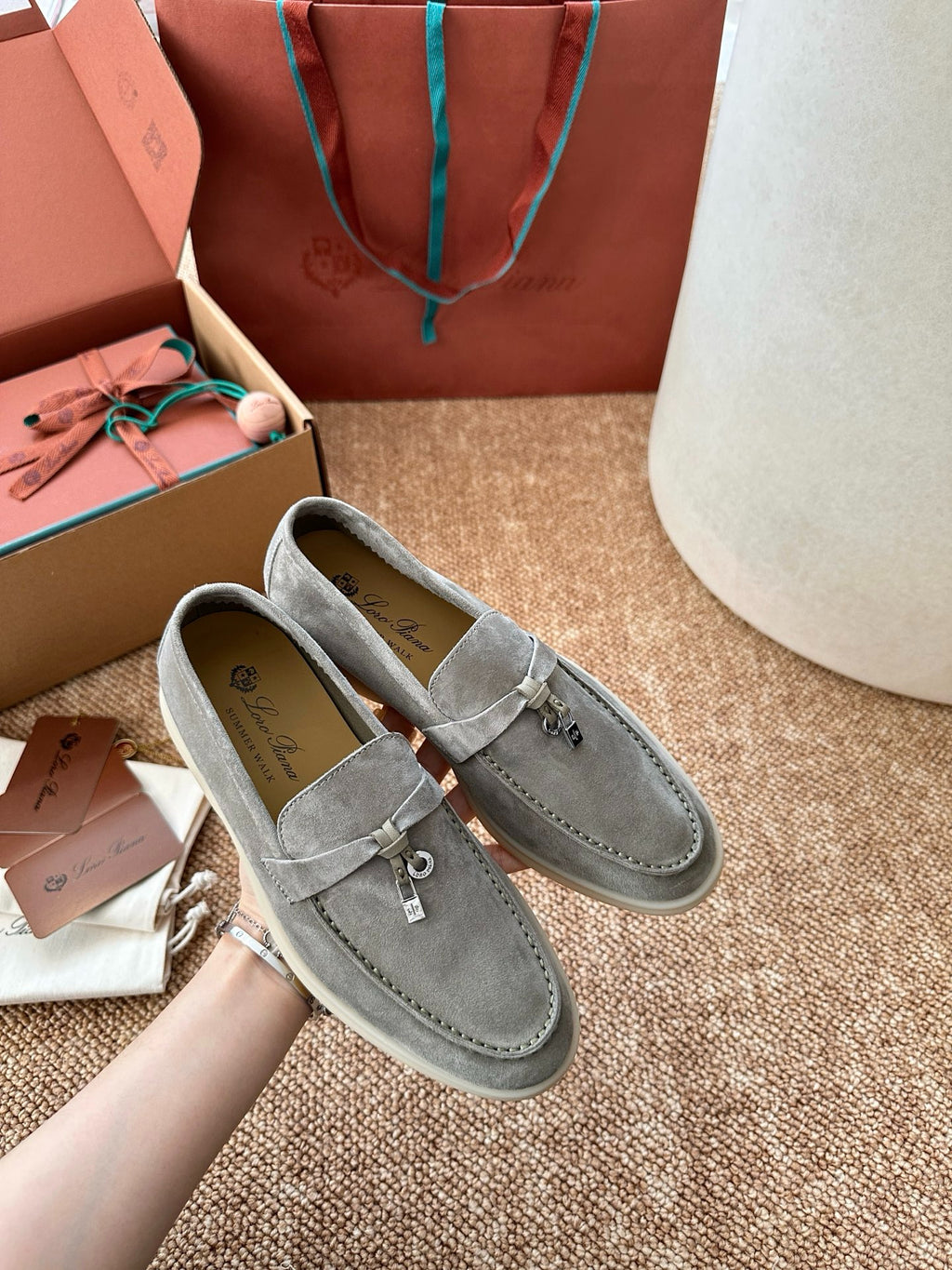Loro Piana Summer Charms Walk Suede Loafers - Light Grey