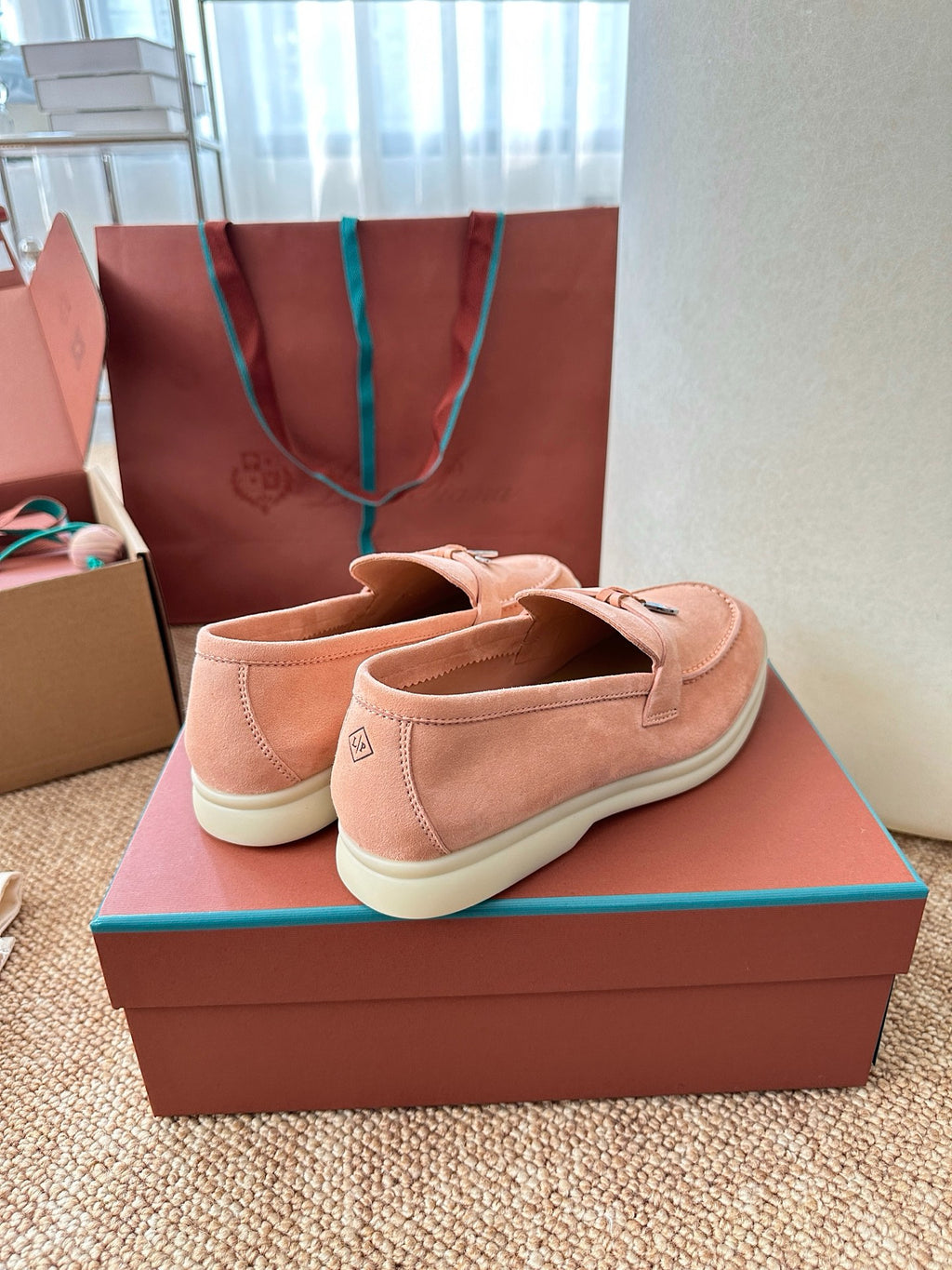 Coral Pink Suede Slip-On Loafers, Loro Piana Style