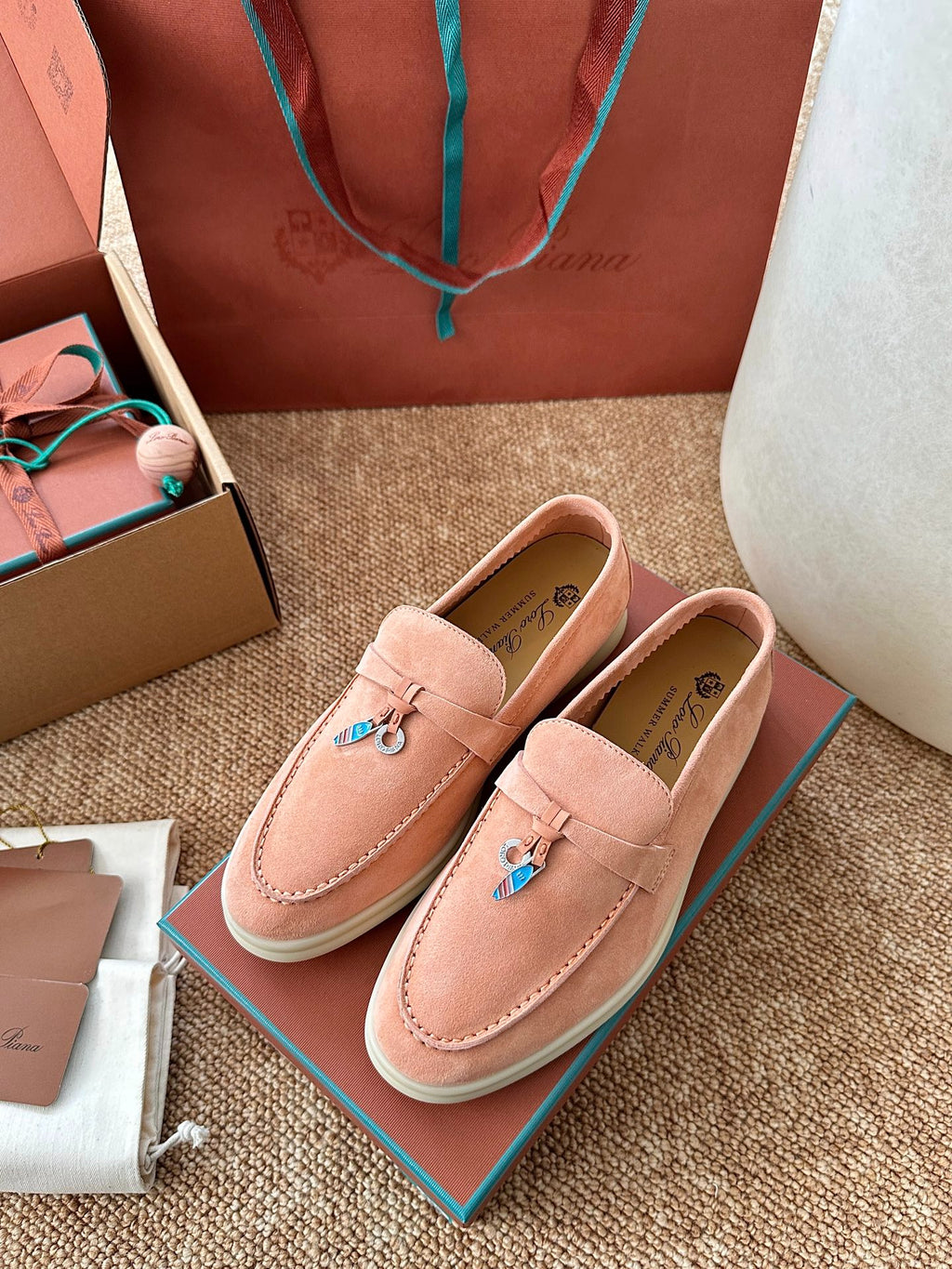 Coral Pink Suede Slip-On Loafers, Loro Piana Style
