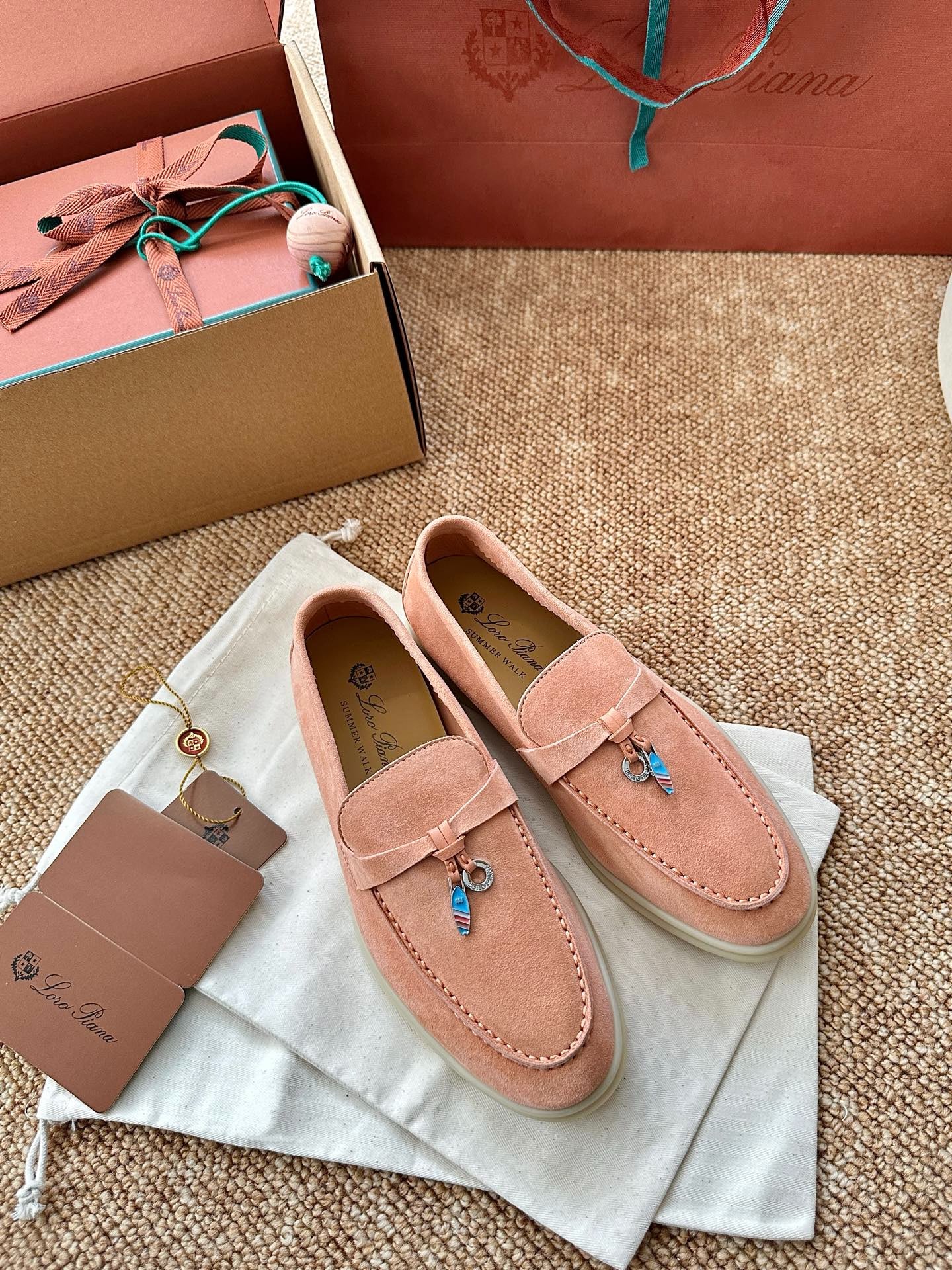 Coral Pink Suede Slip-On Loafers, Loro Piana Style