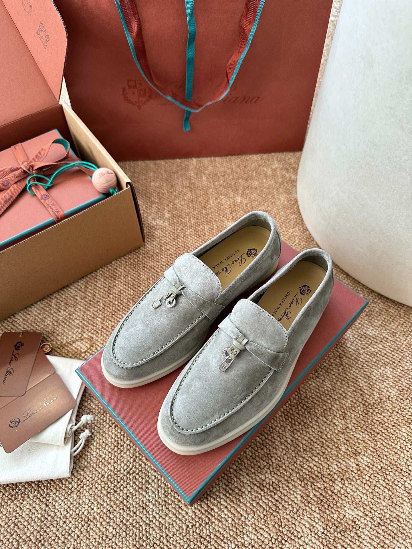 Loro Piana Summer Charms Walk Suede Loafers - Light Grey