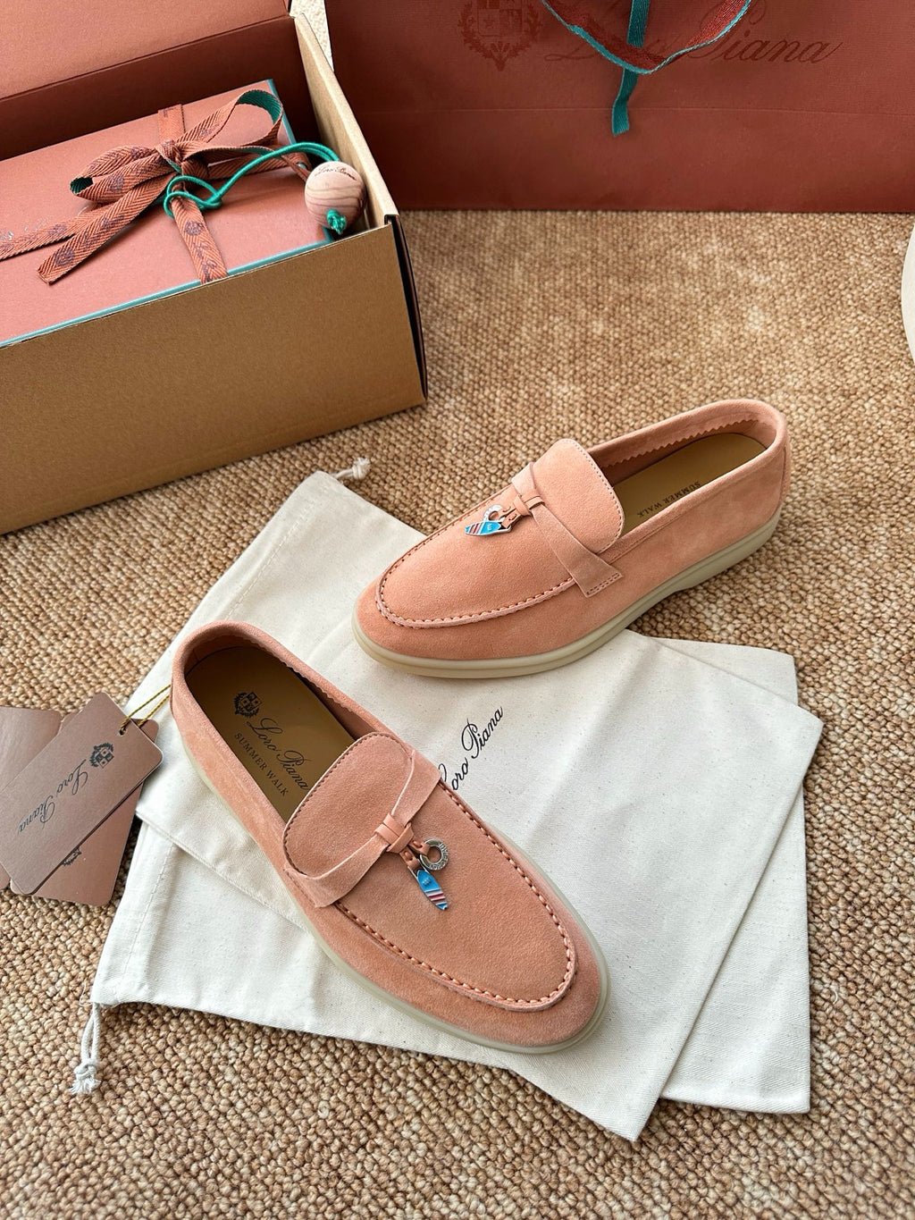 Coral Pink Suede Slip-On Loafers, Loro Piana Style