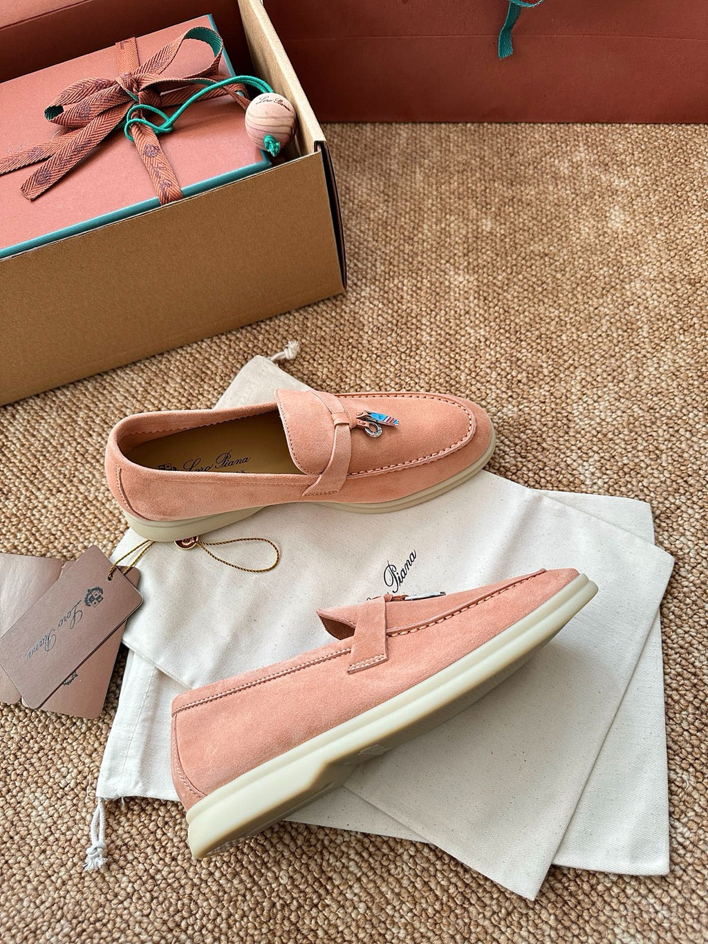 Coral Pink Suede Slip-On Loafers, Loro Piana Style