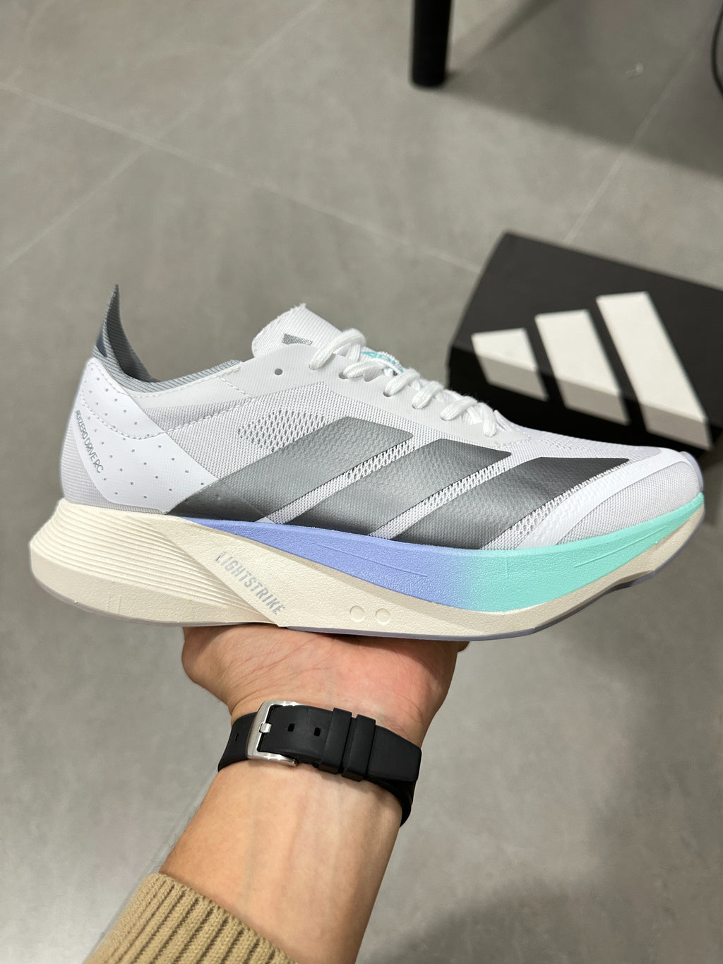 Adidas ADIZERO DRIVE RC (Cloud White / Silver Metallic / Blue Turquoise colorway)