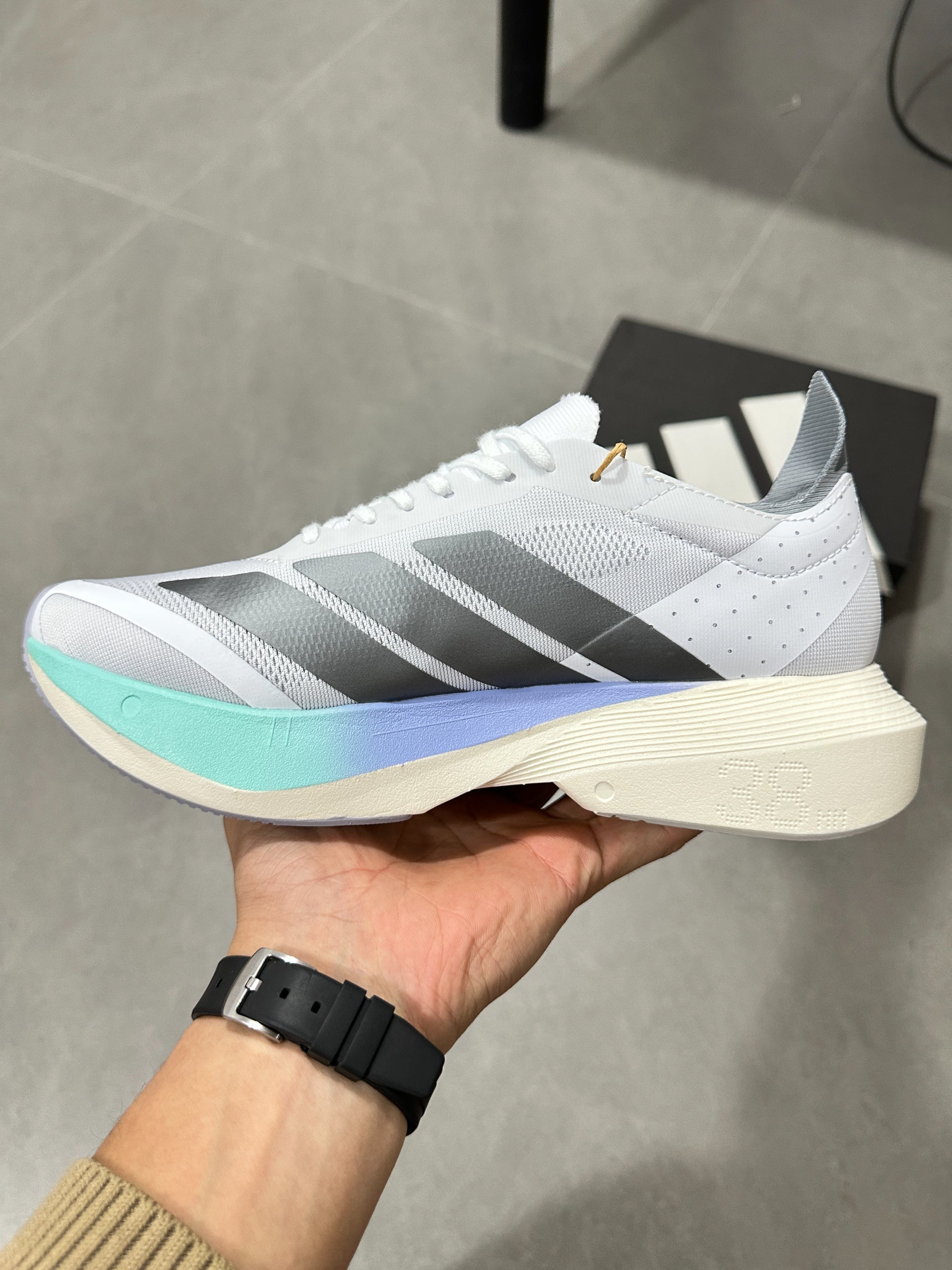 Adidas ADIZERO DRIVE RC (Cloud White / Silver Metallic / Blue Turquoise colorway)