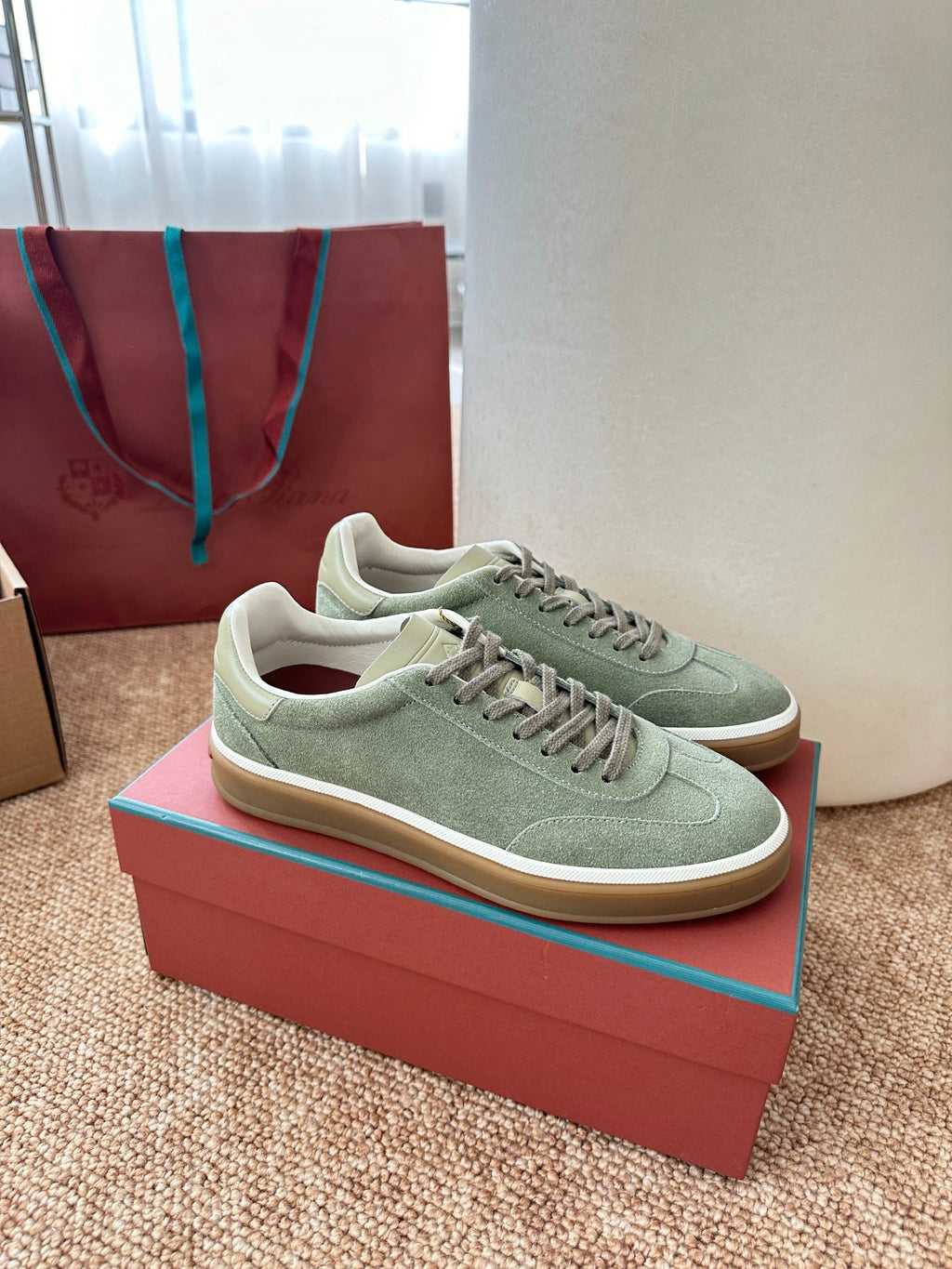 Light Green Suede Lace-Up Sneakers, Loro Piana Style
