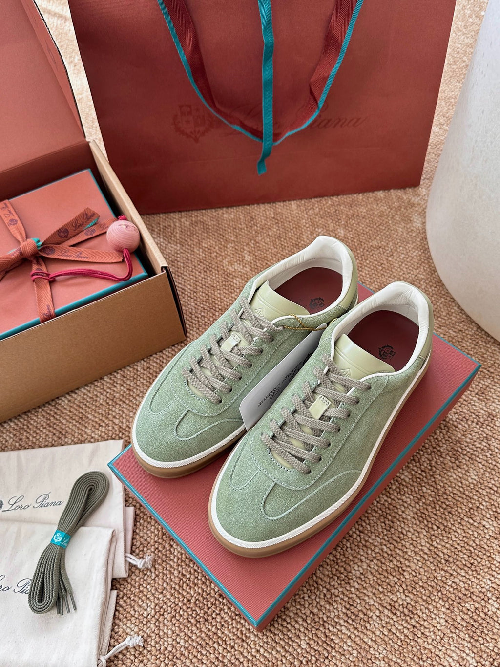 Light Green Suede Lace-Up Sneakers, Loro Piana Style