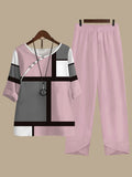 Elegant Women's Casual Suit Set - Comfortable Polyester, Round Neck Top & Mid-Sleeve Pants with Geometric Pattern, Machine Washable, Women's Suits, Fashionable