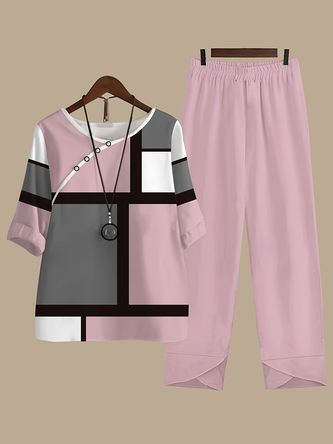 Elegant Women's Casual Suit Set - Comfortable Polyester, Round Neck Top & Mid-Sleeve Pants with Geometric Pattern, Machine Washable, Women's Suits, Fashionable