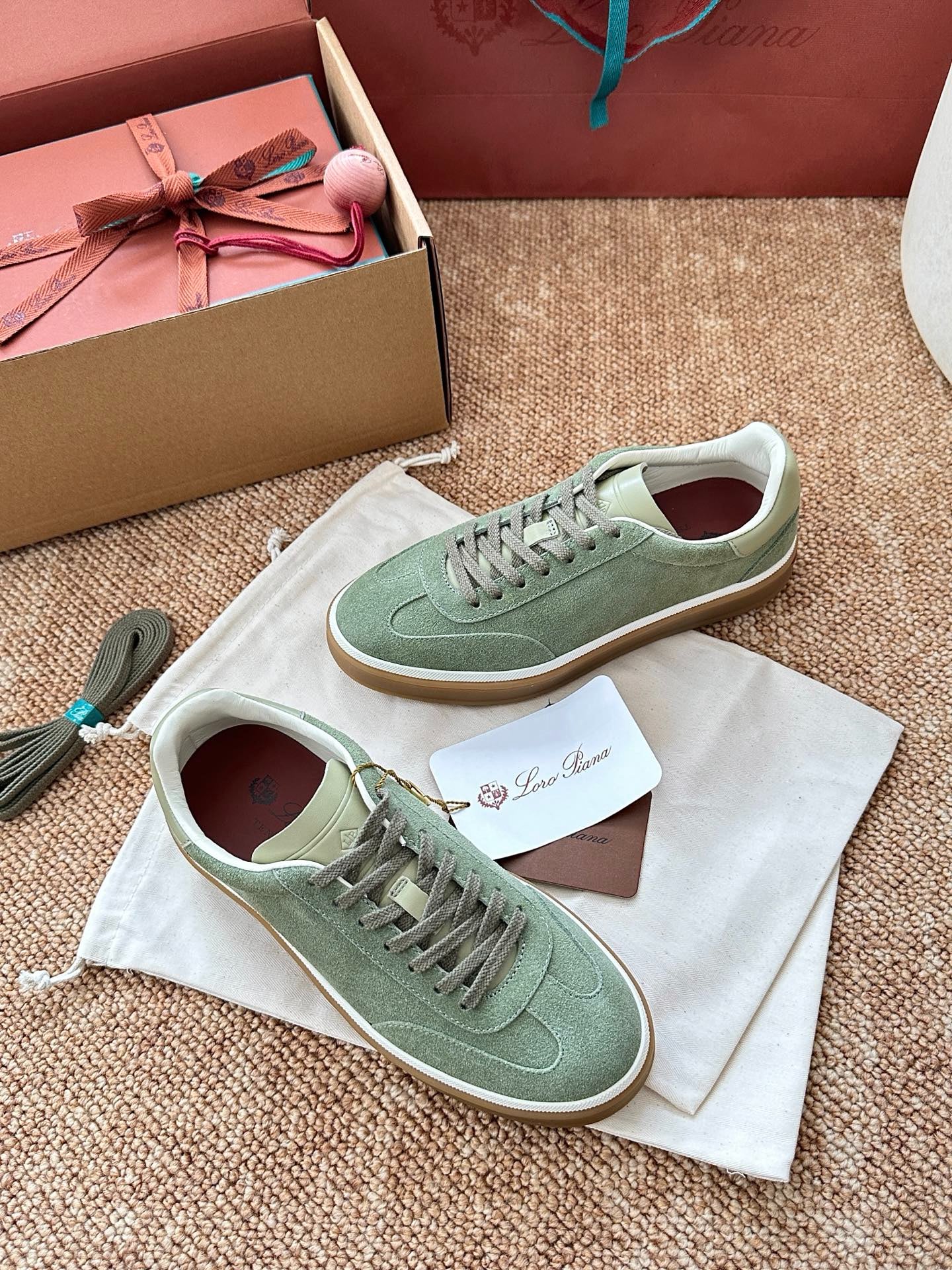 Light Green Suede Lace-Up Sneakers, Loro Piana Style