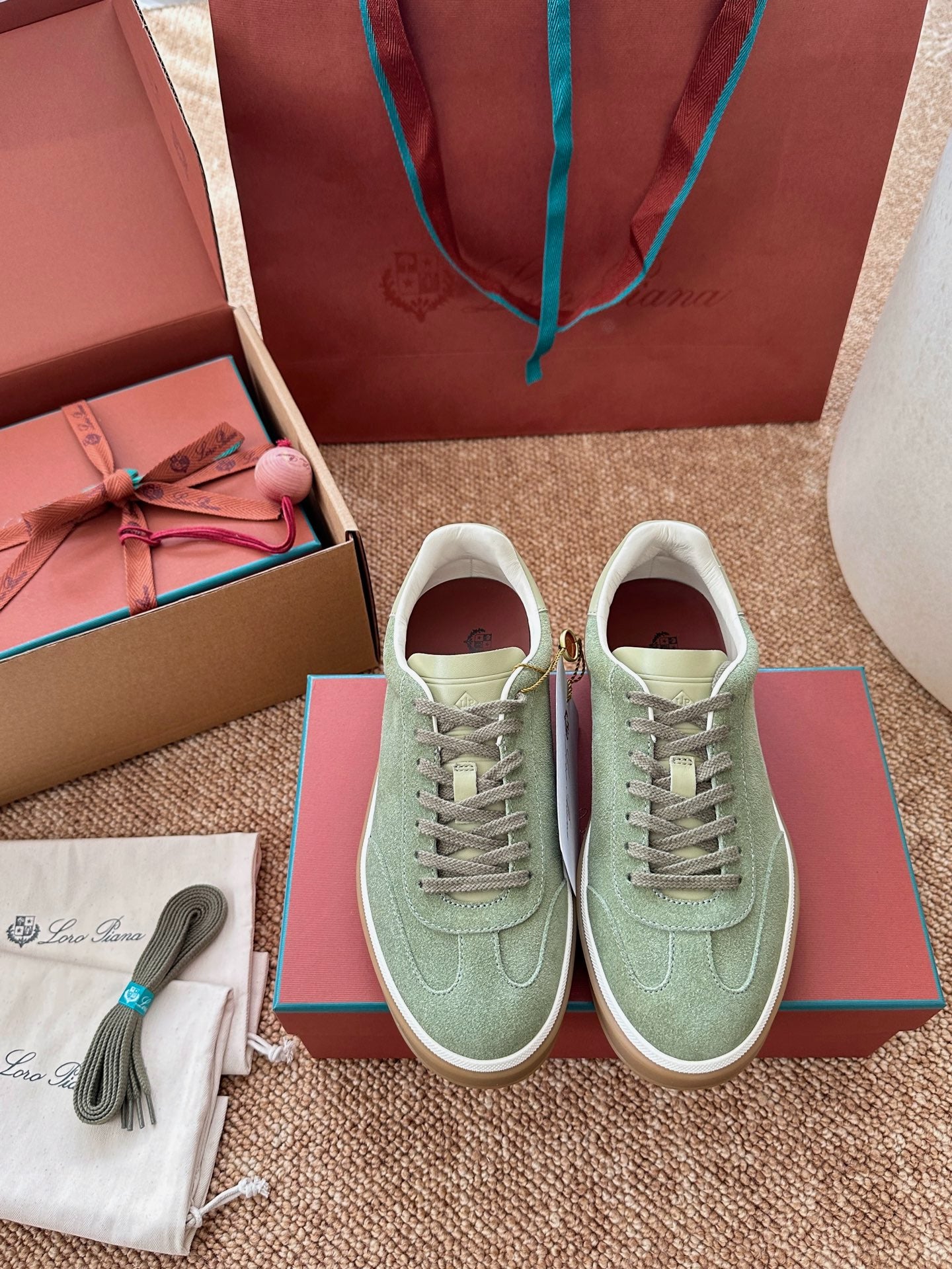 Light Green Suede Lace-Up Sneakers, Loro Piana Style