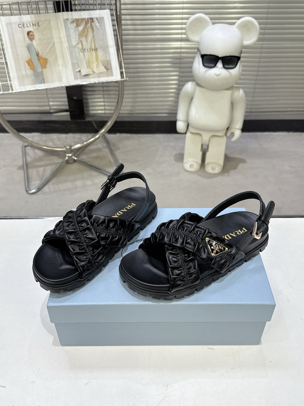 Women Black Ruched Cross Strap Platform Sandals Triangle Gold Logo Adjustable Ankle Buckle Casual Shoes