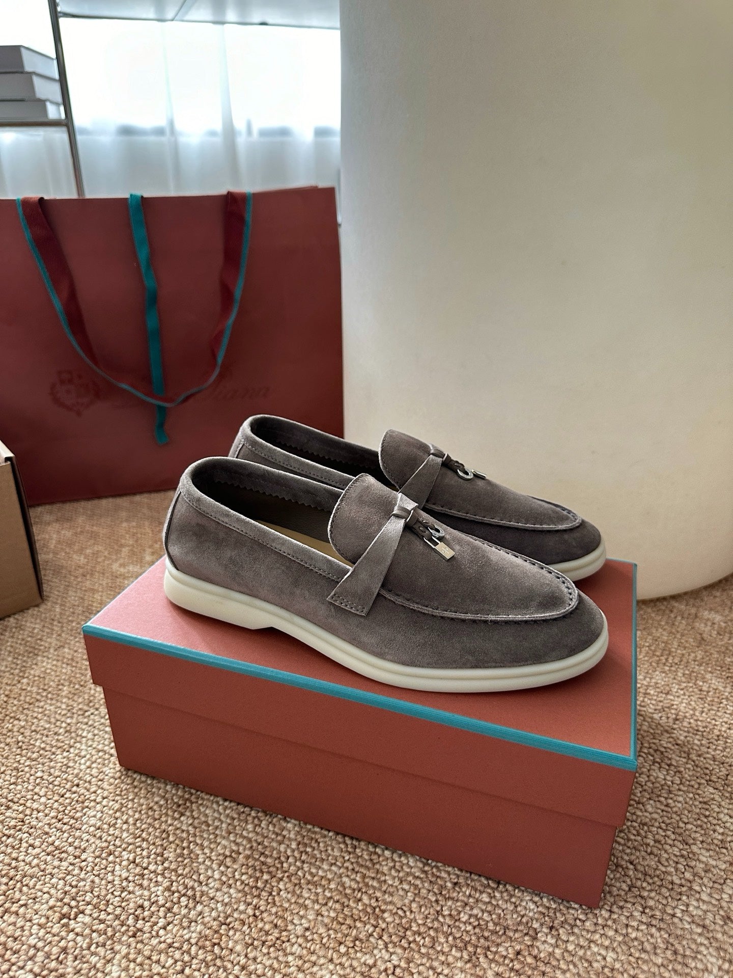Loro Piana Summer Charms Walk Suede Loafers - Taupe Grey
