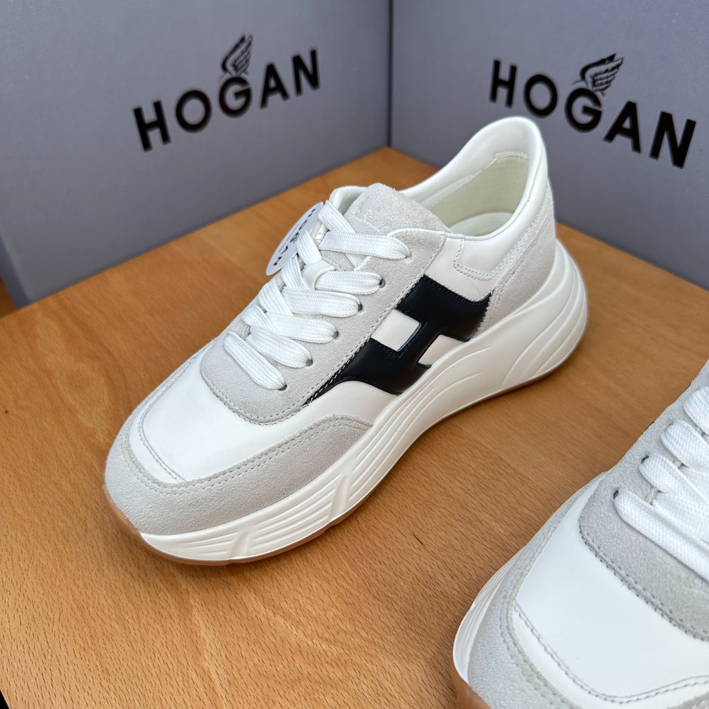 HOGAN Women White Grey Suede Black H Logo Genuine Leather Platform Sneakers Chunky Thick Sole Height Increasing Casual Shoes