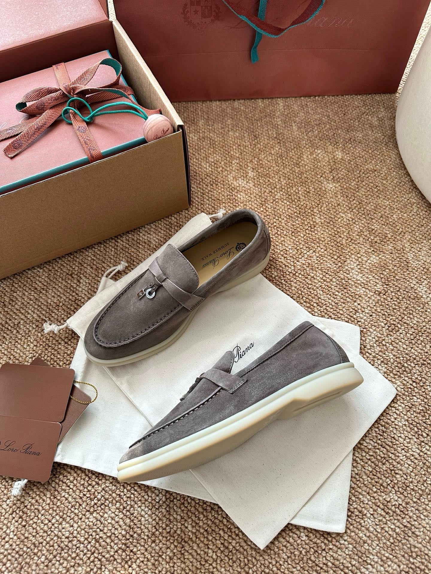 Loro Piana Summer Charms Walk Suede Loafers - Taupe Grey