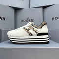 HOGAN White Snake Print Black Striped Stack Wedge Platform Sneakers