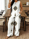 Plus Size, Plus Size Women's Summer Floral Print Set, Sleeveless Loose-Fit Top And Straight-Leg Pants, Elegant 2pcs Casual Outfit