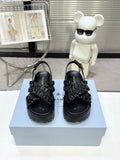 Women Black Ruched Cross Band Platform Sandals Prada Triangle Metal Logo Ankle Buckle Casual Shoes