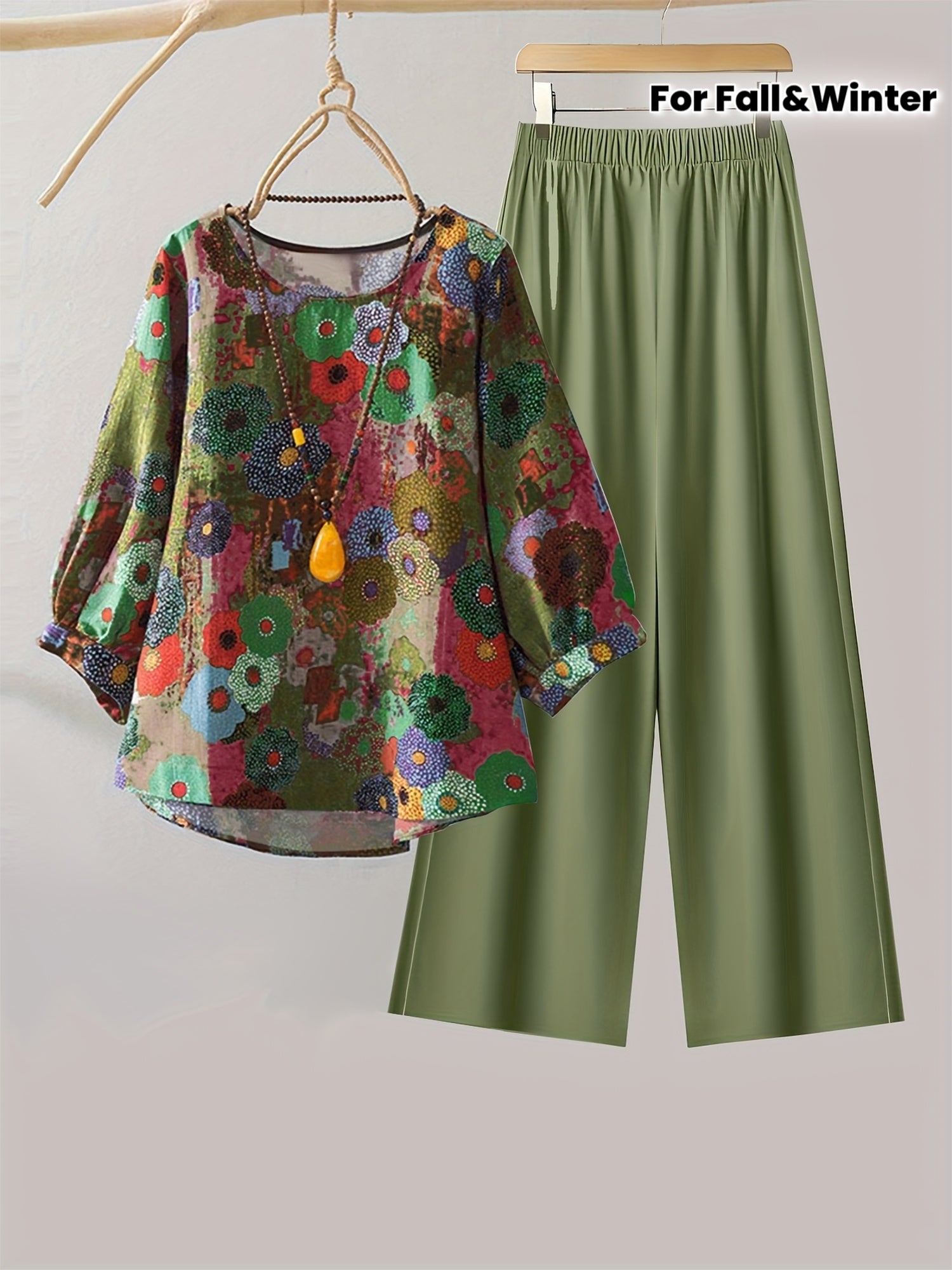Elegant Women'S Geometric Print Crew Neck Long Sleeve Top and Solid Color Loose Pants | Autumn-Winter Collection